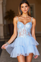 Load image into Gallery viewer, A Line Blue Spaghetti Straps Lace Short Prom Dress