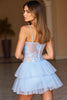 Load image into Gallery viewer, A Line Blue Spaghetti Straps Lace Short Prom Dress