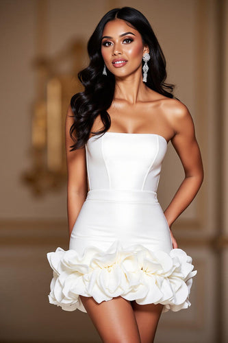 Satin White Strapless Ruffled Short Corset Prom Dress