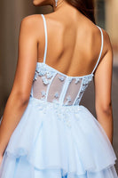 Load image into Gallery viewer, A Line Light Blue Spaghetti Straps Short Corset Prom Dress