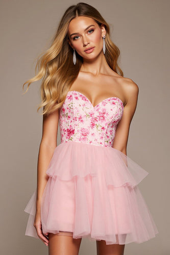 Floral Pink Tulle Sweetheart Short Prom Dress