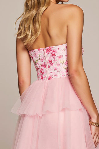 Floral Pink Tulle Sweetheart Short Prom Dress