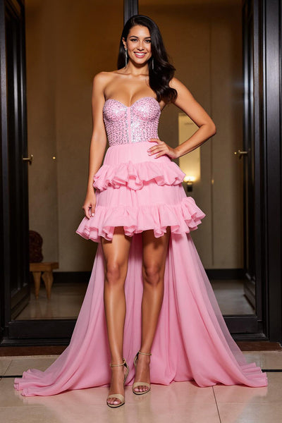 Sparkly Pink A Line Sweetheart High-Low Prom Dress with Ruffles