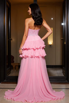 Sparkly Pink A Line Sweetheart High-Low Prom Dress with Ruffles