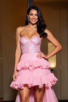 Load image into Gallery viewer, Sparkly Pink A Line Sweetheart High-Low Prom Dress with Ruffles