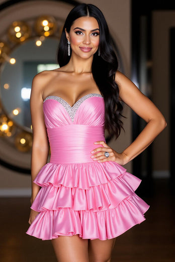 Satin Hot Pink Tiered Beaded Short Prom Dress