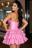 Load image into Gallery viewer, Satin Hot Pink Tiered Beaded Short Prom Dress