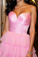 Load image into Gallery viewer, Sweetheart Hot Pink Tulle Tiered Short Prom Dress