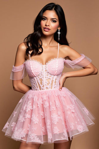 Lace Pink A Line Tulle Corset Short Prom Dress