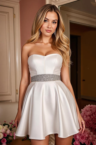 Satin White Strapless A Line Short Prom Dress with Beading