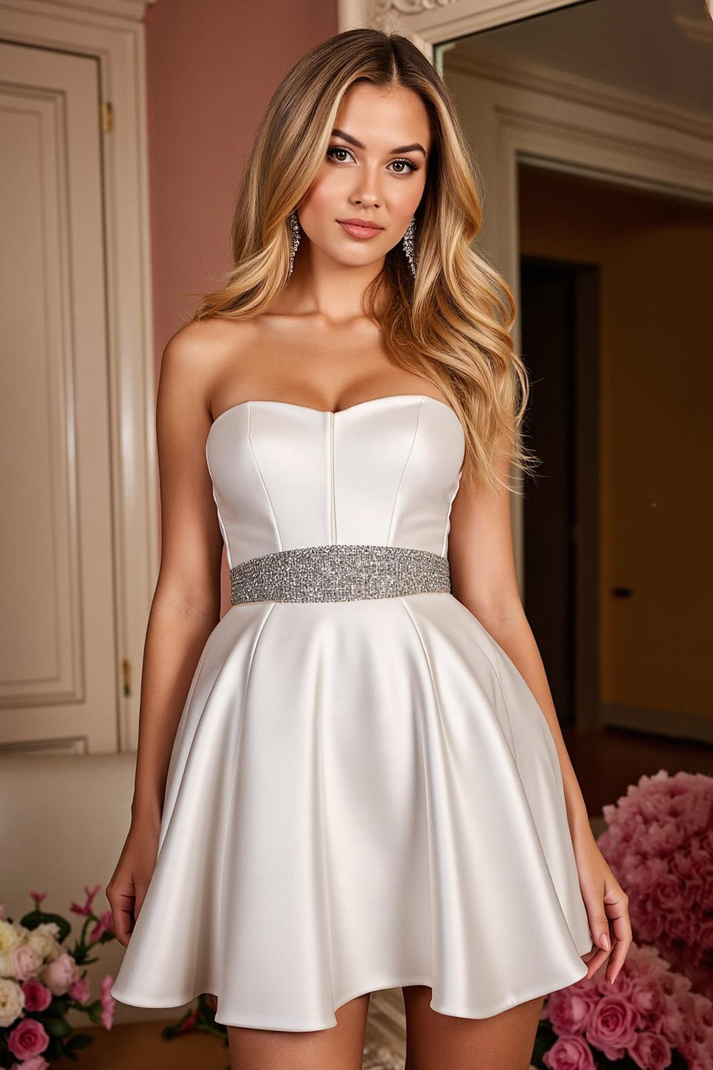 Satin White Strapless A Line Short Prom Dress with Beading