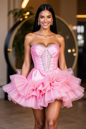 A Line Hot Pink Tiered Strapless Short Prom Dress