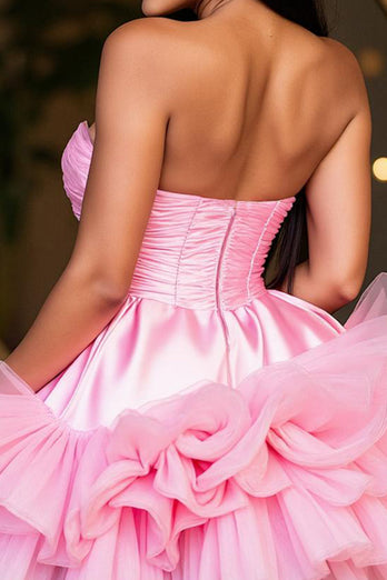 A Line Hot Pink Tiered Strapless Short Prom Dress