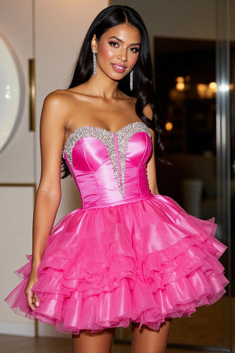 Fuchsia Sparkly Corset Organza Short Prom Dress with Ruffles
