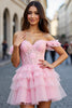 Load image into Gallery viewer, A Line Pink Tulle Appliqued Short Corset Prom Dress