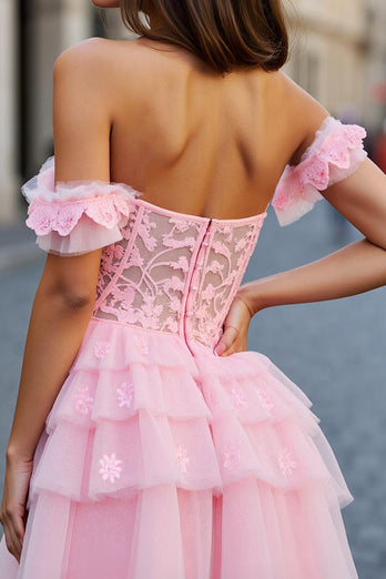 A Line Pink Tulle Appliqued Short Corset Prom Dress
