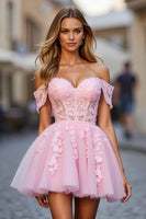 Load image into Gallery viewer, Pink Floral Off the Shoulder Tulle Short Corset Prom Dress