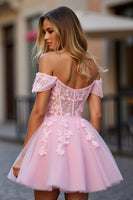 Load image into Gallery viewer, Pink Floral Off the Shoulder Tulle Short Corset Prom Dress