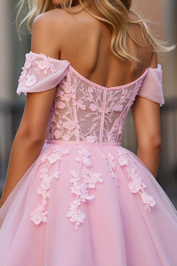 Pink Floral Off the Shoulder Tulle Short Corset Prom Dress