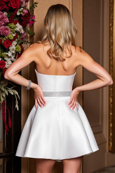 White Sparkly A Line Strapless Short Prom Dress with Beading