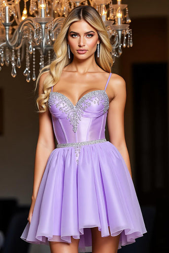 Sparkly A Line Purple Short Corset Prom Dress with Beading