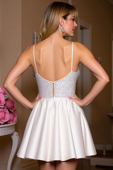 White Sparkly A Line Satin Beaded Short Prom Dress