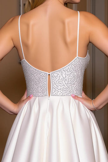 White Sparkly A Line Satin Beaded Short Prom Dress