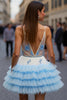 Load image into Gallery viewer, White Blue Flower Short Prom Dress with Ruffles