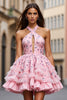 Load image into Gallery viewer, Pink Floral A Line Keyhole Short Prom Dress with Ruffles