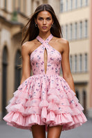 Load image into Gallery viewer, Pink Floral A Line Keyhole Short Prom Dress with Ruffles