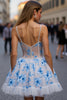 Load image into Gallery viewer, White Blue Floral A Line Spaghetti Straps Short Prom Dress with Ruffles