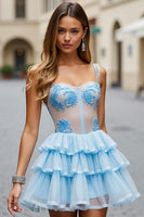 Load image into Gallery viewer, White Blue Flower Tulle A Line Short Prom Dress with Ruffles