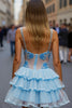 Load image into Gallery viewer, White Blue Flower Tulle A Line Short Prom Dress with Ruffles
