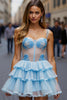 Load image into Gallery viewer, White Blue Flower Tulle A Line Short Prom Dress with Ruffles