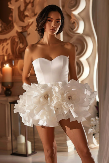 White Sweetheart Floral Short Prom Dress with Ruffles