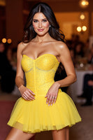 Load image into Gallery viewer, Sparkly Yellow Strapless A Line Short Prom Dress with Beading