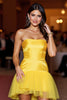Load image into Gallery viewer, Yellow Satin Strapless Short Tight Prom Dress with Ruffles