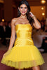 Load image into Gallery viewer, Yellow Satin Strapless Short Tight Prom Dress with Ruffles