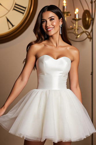 White Sweetheart A Line Short Tulle Prom Dress