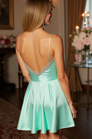 Load image into Gallery viewer, Sparkly Green Satin Spaghetti Straps Short Prom Dress wiith Beading