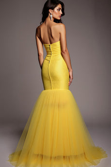 Sparkly Yellow Strapless Mermaid Long Prom Dress with Beading
