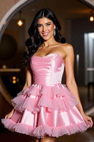 Load image into Gallery viewer, Pink A Line Strapless Satin Short Prom Dress with Ruffles