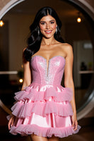Load image into Gallery viewer, Sparkly Pink Strapless Ruffled Short Prom Dress with Beading