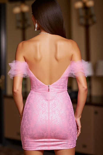 Pink Off the Shoulder Tight Short Lace Prom Dress