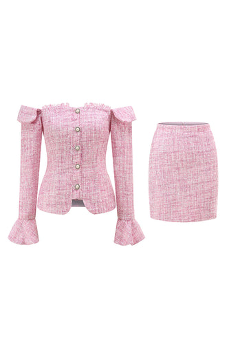 2 Piece Pink Off the Shoulder Tweed Pencil Prom Outfits