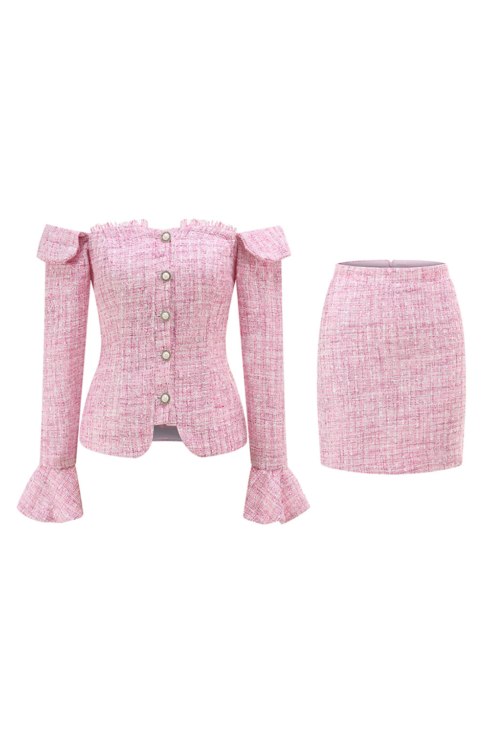 2 Piece Pink Off the Shoulder Tweed Pencil Prom Outfits