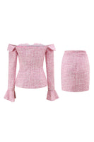 Load image into Gallery viewer, 2 Piece Pink Off the Shoulder Tweed Pencil Prom Outfits