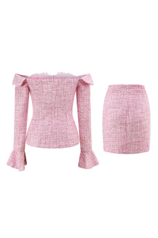 2 Piece Pink Off the Shoulder Tweed Pencil Prom Outfits