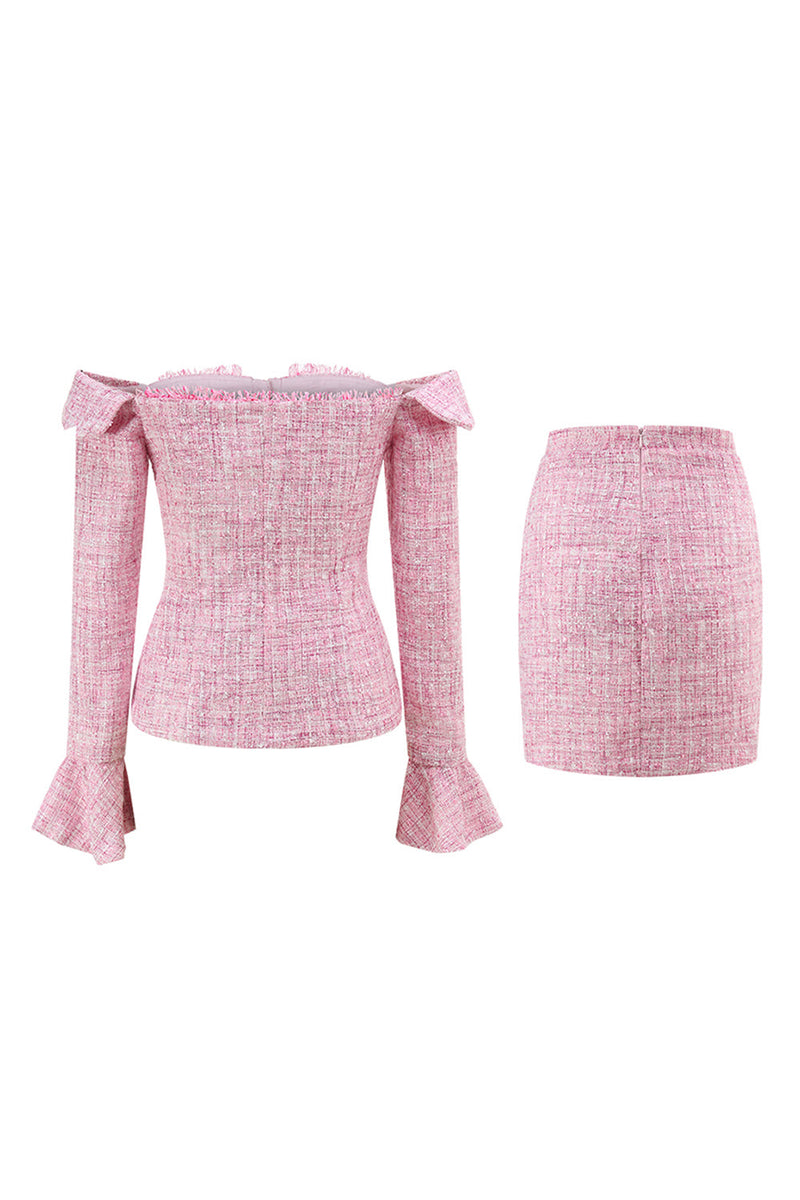 Load image into Gallery viewer, 2 Piece Pink Off the Shoulder Tweed Pencil Prom Outfits