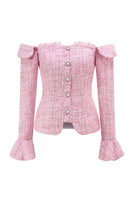 Load image into Gallery viewer, 2 Piece Pink Off the Shoulder Tweed Pencil Prom Outfits